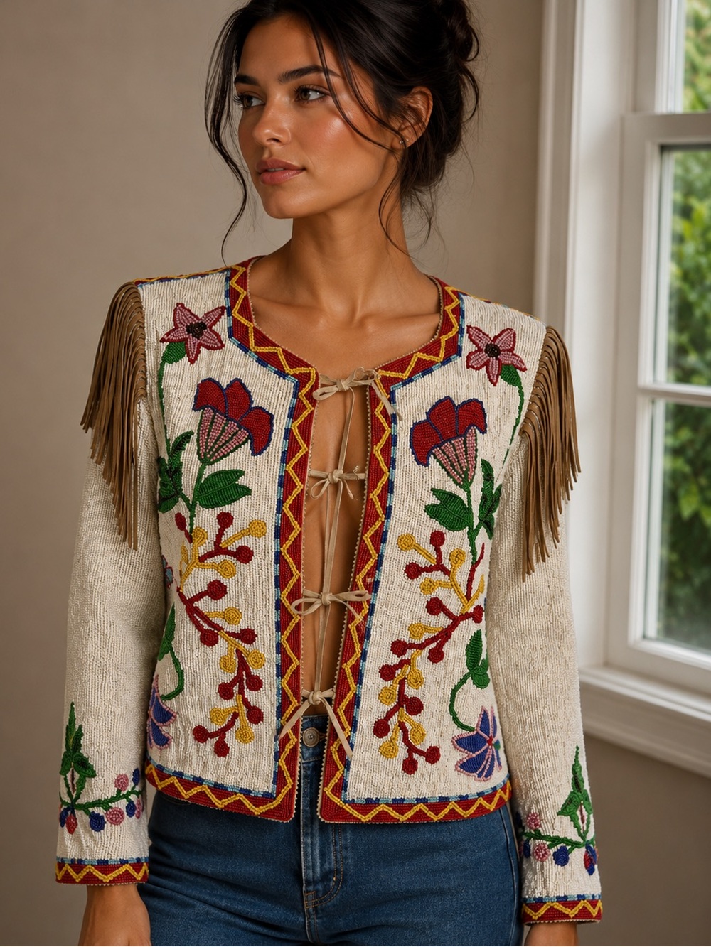 Vintage Collectible Fully Beaded Western Fringed Jacket XS-S